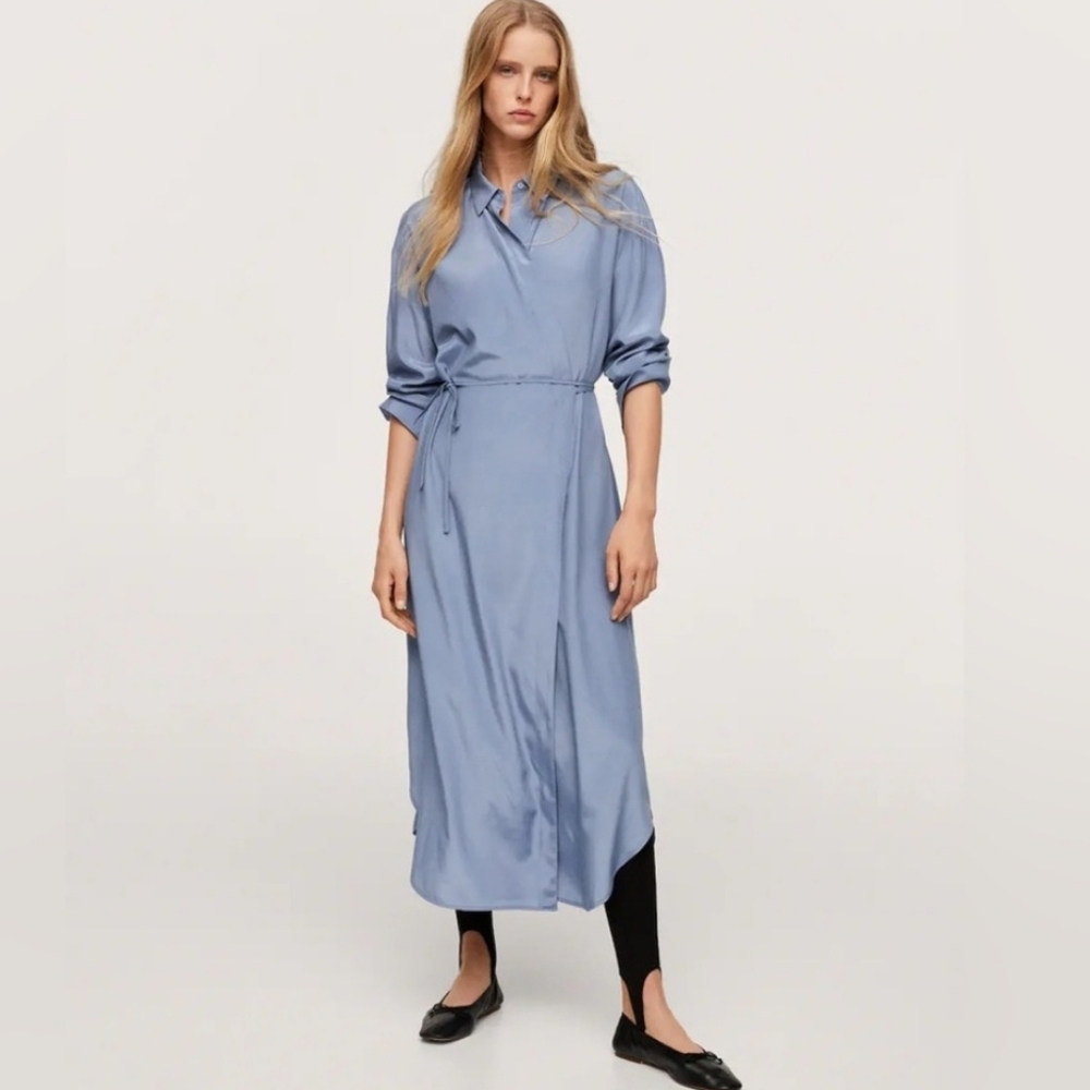 Mango Wrap Light Blue Long Sleeve Dress
